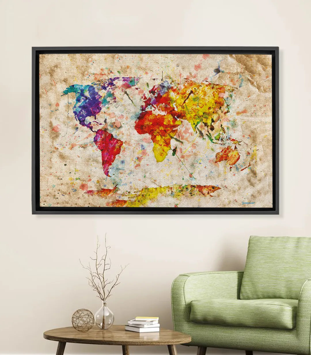 Tableau Carte du Monde Colorée expressionniste Massinart — continents bleu, rouge, jaune sur fond beige vintage