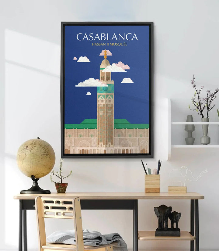 Tableau Casablanca Hassan II Mosquée — illustration minimaliste architecture islamique bleu or Massinart