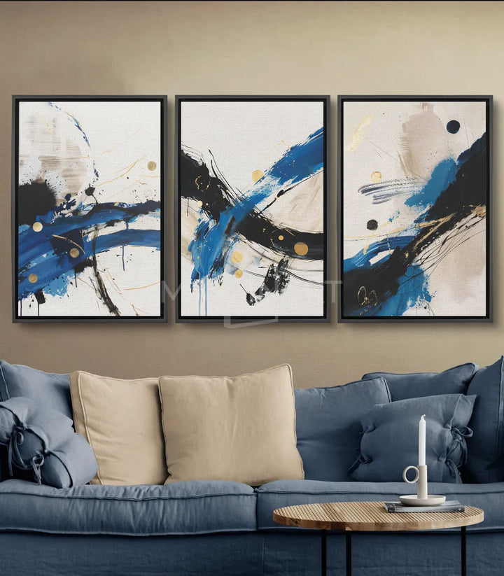Tableau Cascade abstrait expressionniste bleu noir doré gauche Massinart