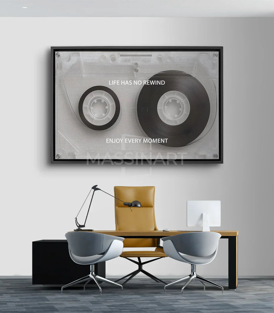 Tableau cassette vintage noir et blanc Life Has No Rewind — Massinart