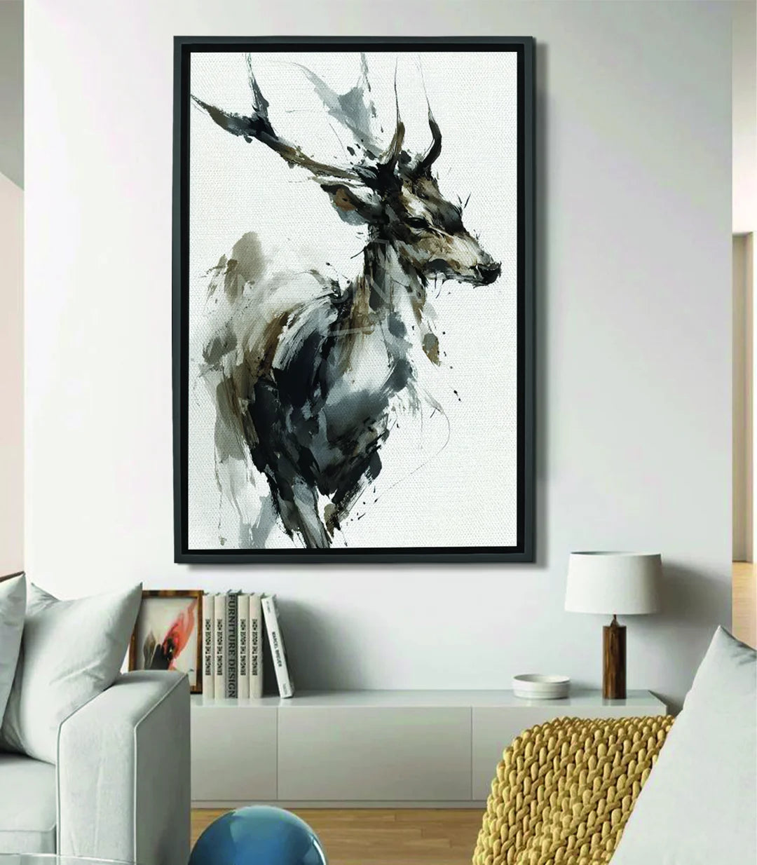 Tableau cerf mystique aquarelle expressionniste, tons noir beige blanc — Massinart