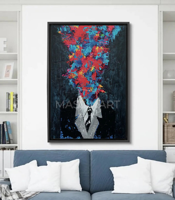 Tableau Chaos of Thoughts - portrait abstrait tête blanche expressionniste, explosion de couleurs rouge bleu jaune sur fond noir Massinart
