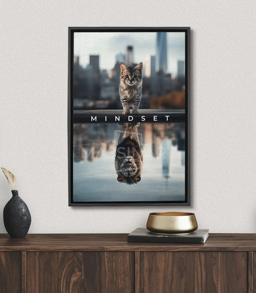 Tableau chat urbain Mindset Massinart — chat tabby reflet ville