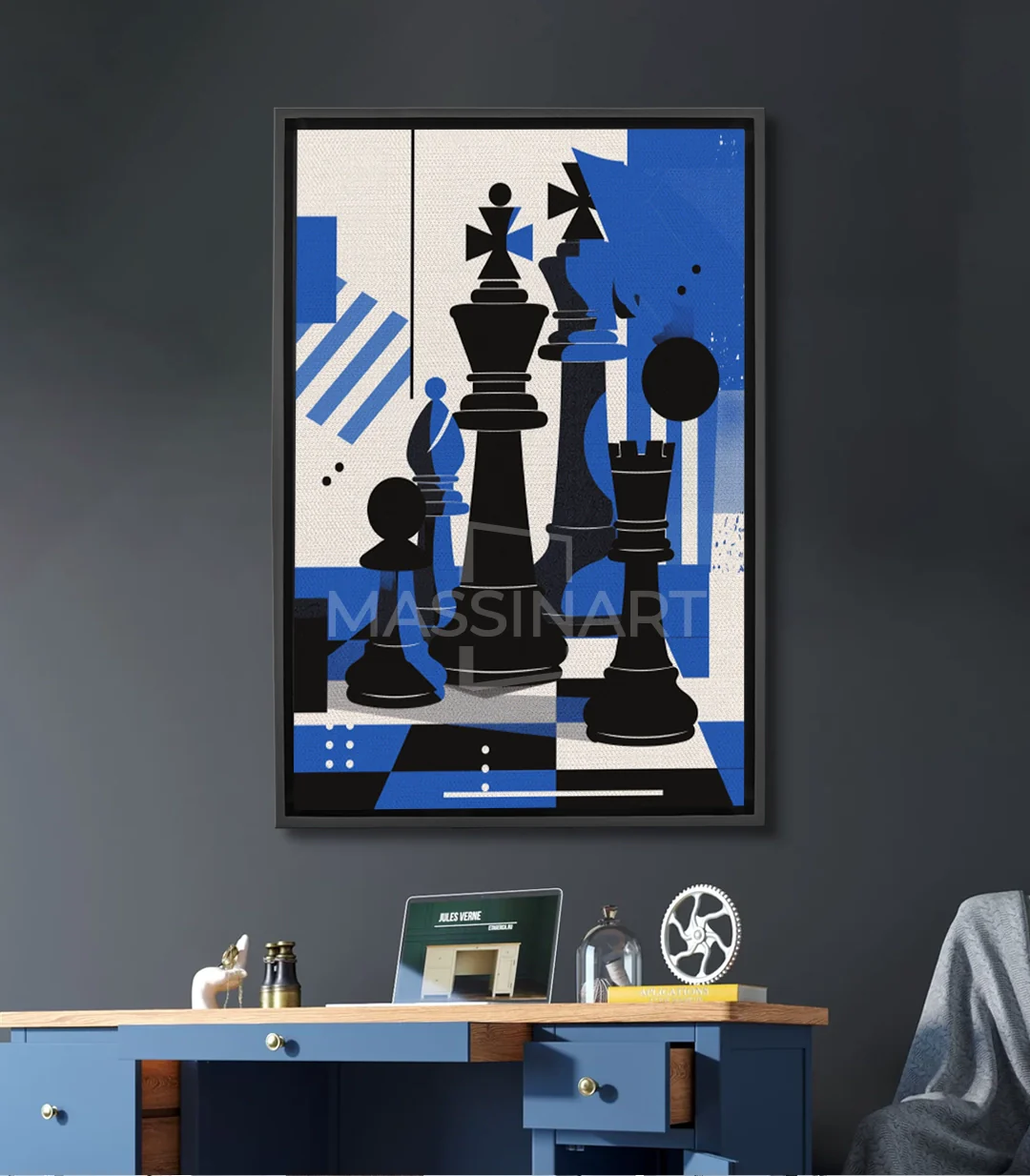 Tableau Chess Massinart — composition cubiste bleu, noir et blanc avec pièces d'échecs abstraites