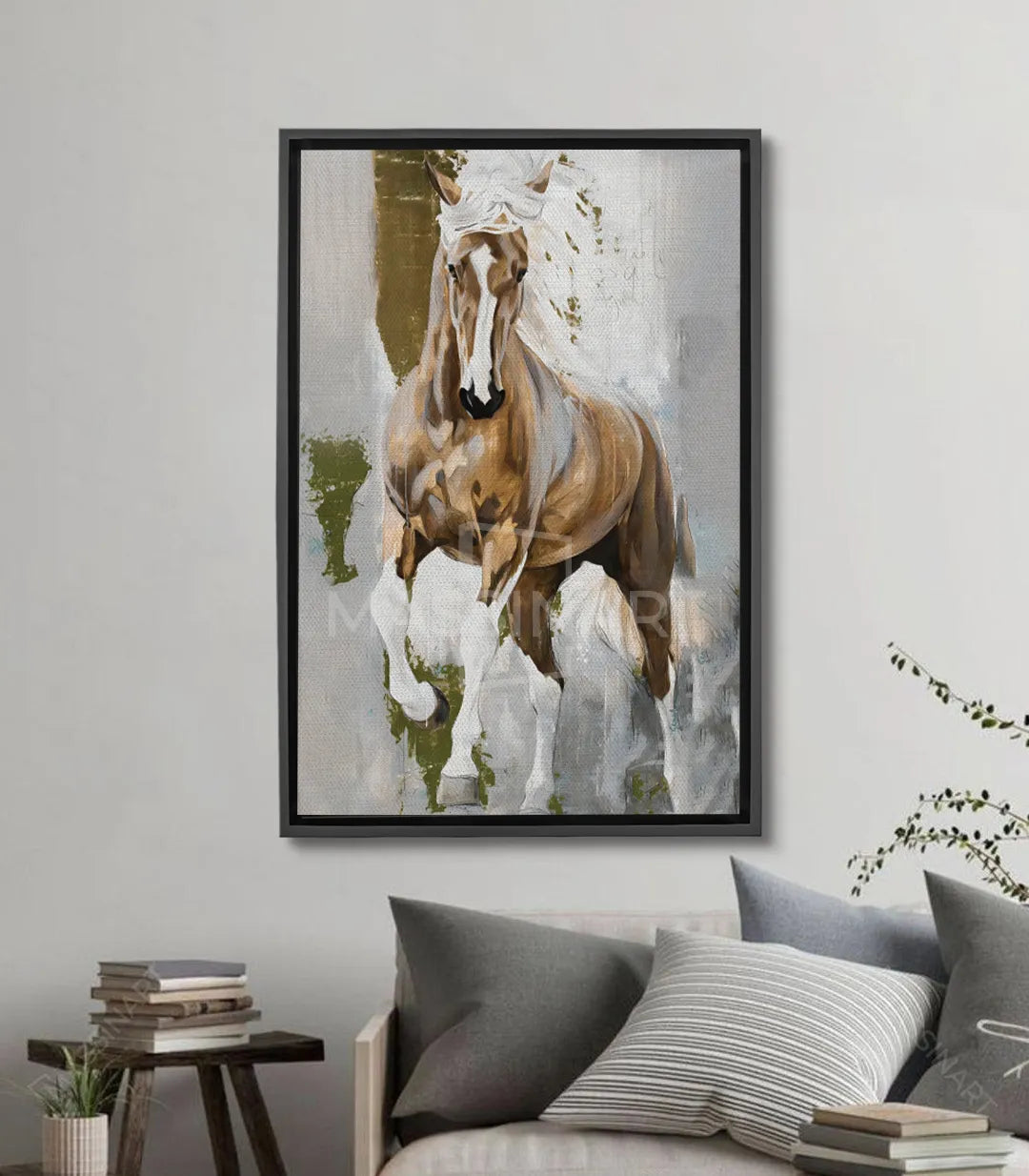 Tableau cheval blanc aquarelle, tons marron beige et vert, style contemporain Massinart