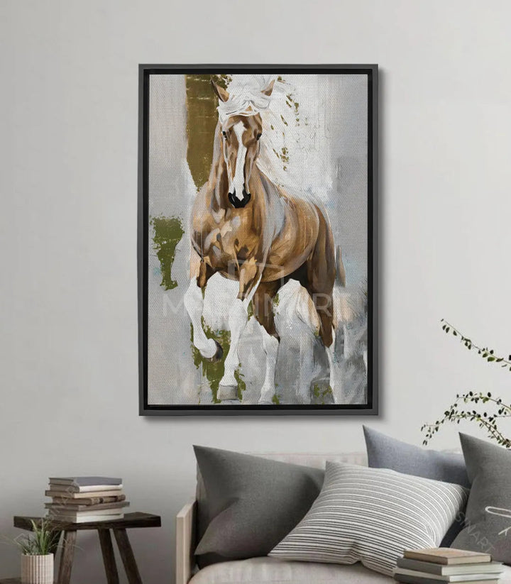 Tableau cheval blanc aquarelle, tons marron beige et vert, style contemporain Massinart