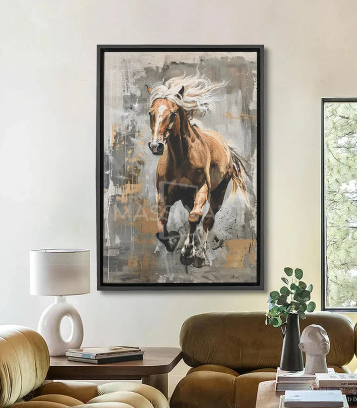 Tableau cheval galop crinière blanche Massinart — expressionniste beige marron
