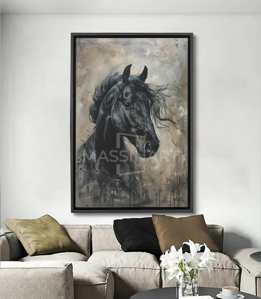 Tableau cheval noir Midnight Soul — portrait expressionniste Massinart