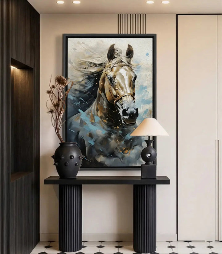 Tableau Cheval Sovereign - portrait équin expressionniste aux tons marron, doré et bleu - Massinart