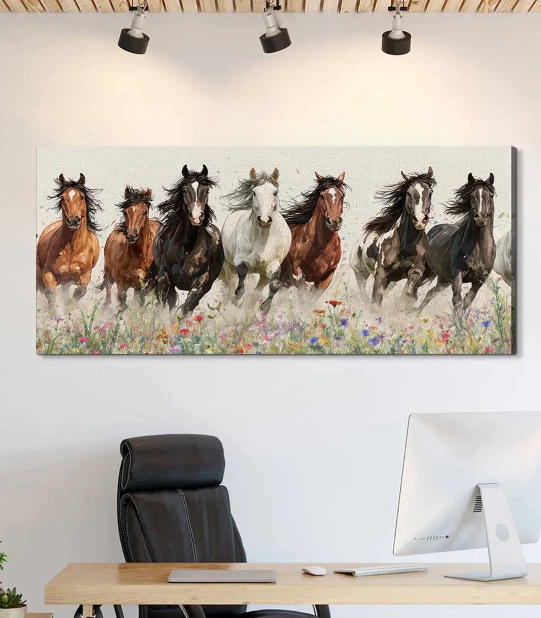 Tableau chevaux sauvages décoration bureau moderne Massinart mise en situation