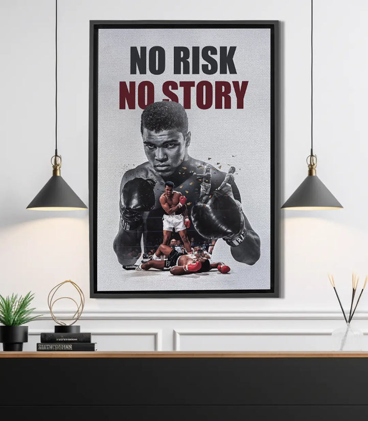 Tableau Clay Legend Massinart — portrait boxeur champion avec texte motivation noir et rouge