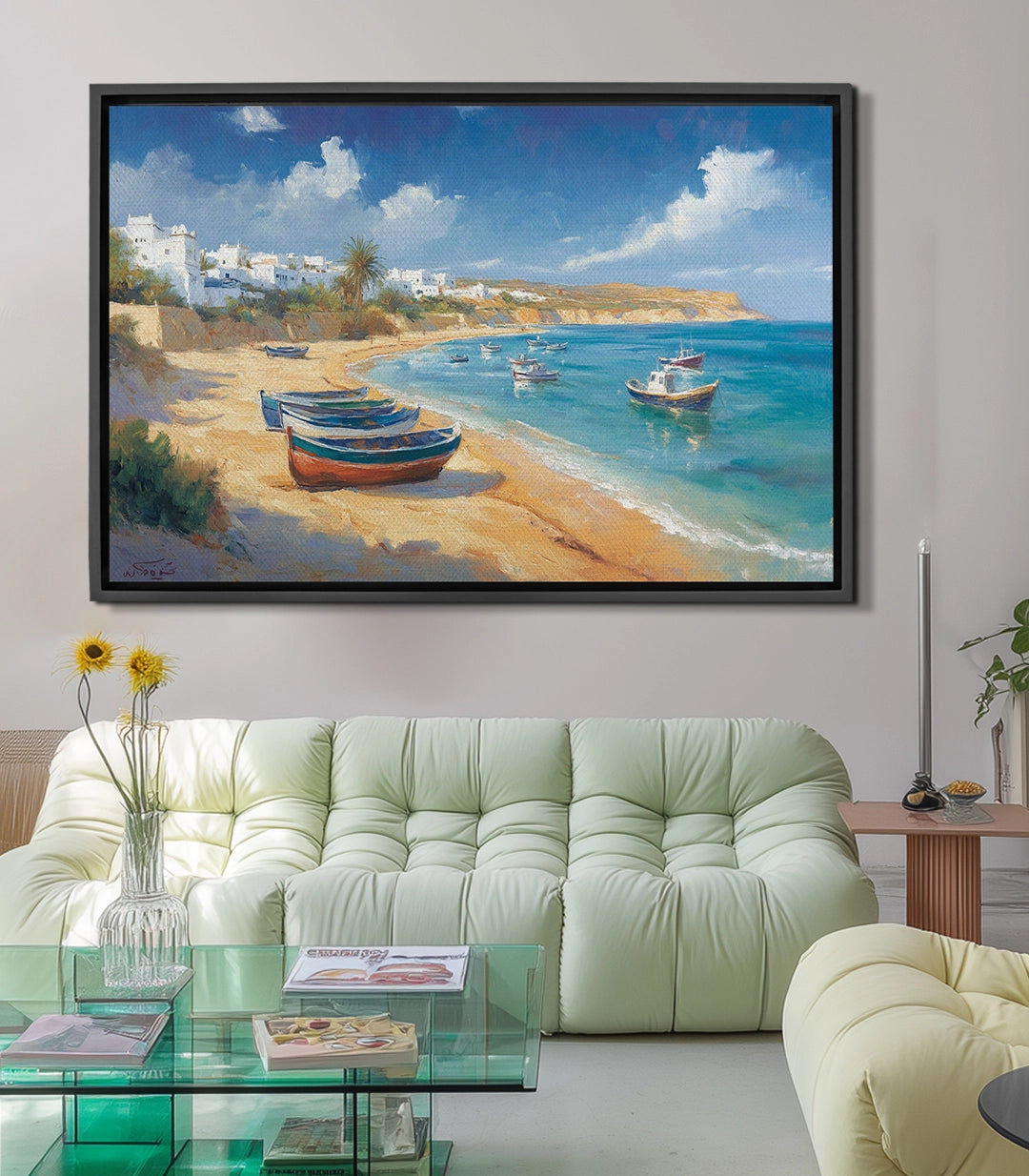 Tableau Coastal Breeze — paysage plage bateau turquoise sable doré Massinart