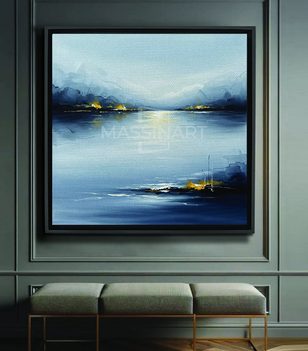 Tableau Cold Motion paysage lacustre bleu et doré Massinart