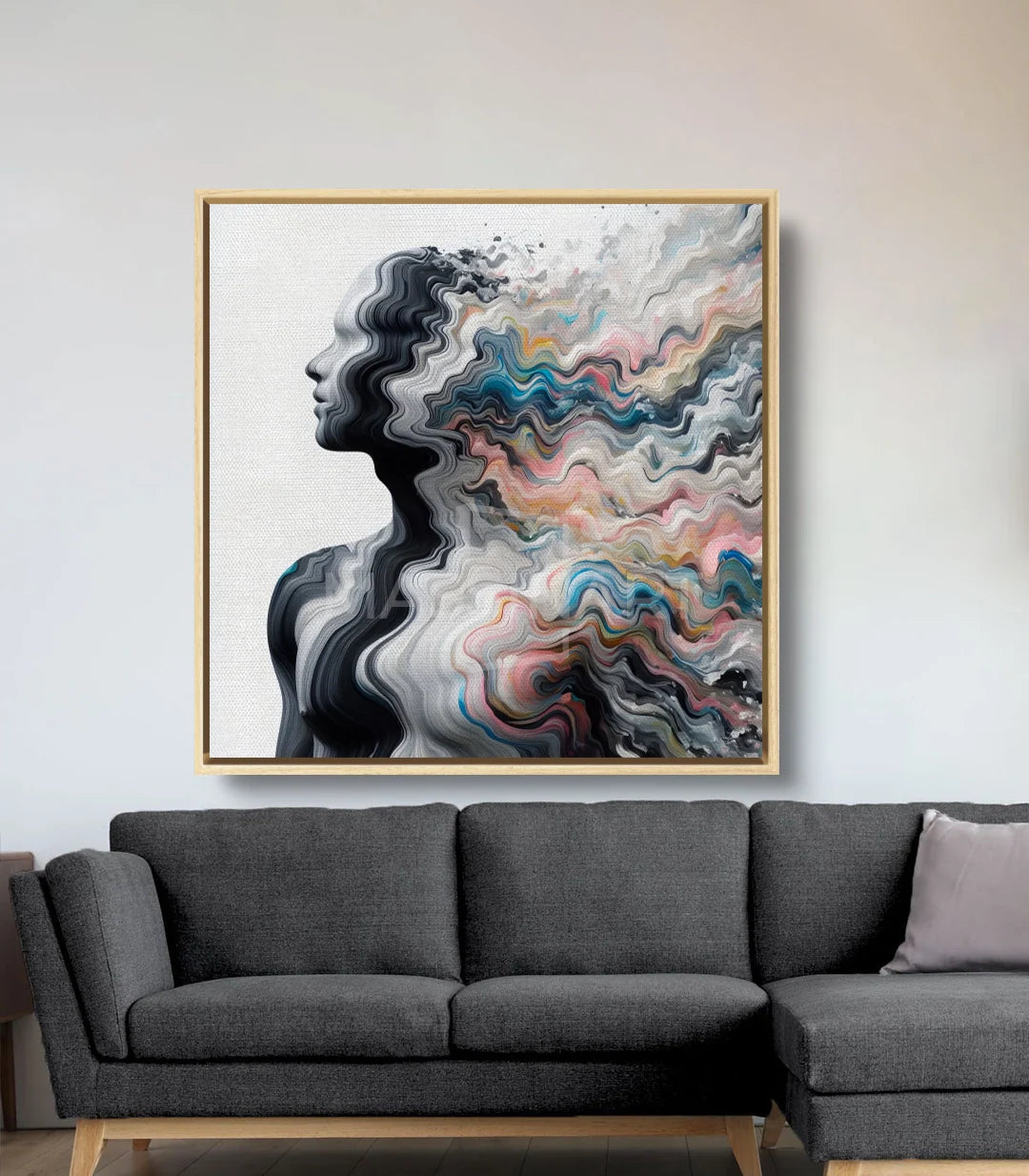 Tableau Color Surge en mise en situation salon moderne Massinart — cadre noir mur clair