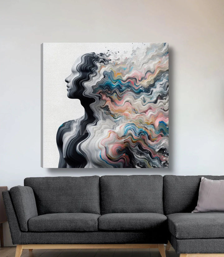 Tableau Color Surge en mise en situation salon moderne Massinart — décoration canapé gris