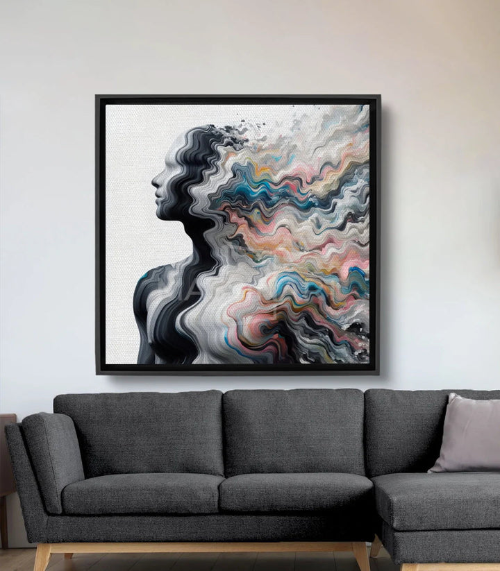Tableau Color Surge profil feminin abstrait Massinart — silhouette noire et ondulations multicolores