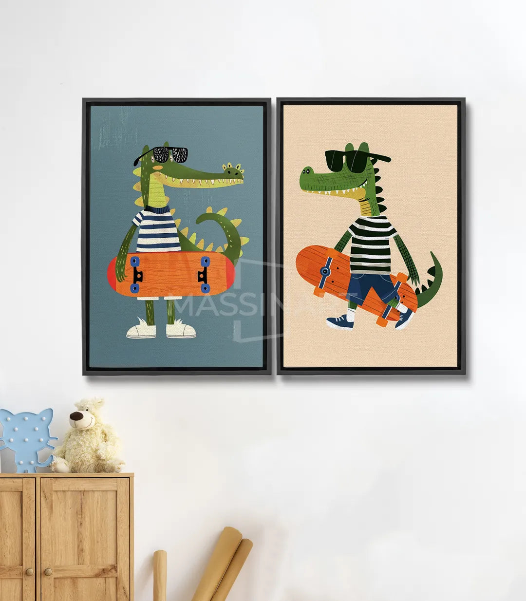 Tableau crocodile skateboard bleu canard avec lunettes noires — Massinart