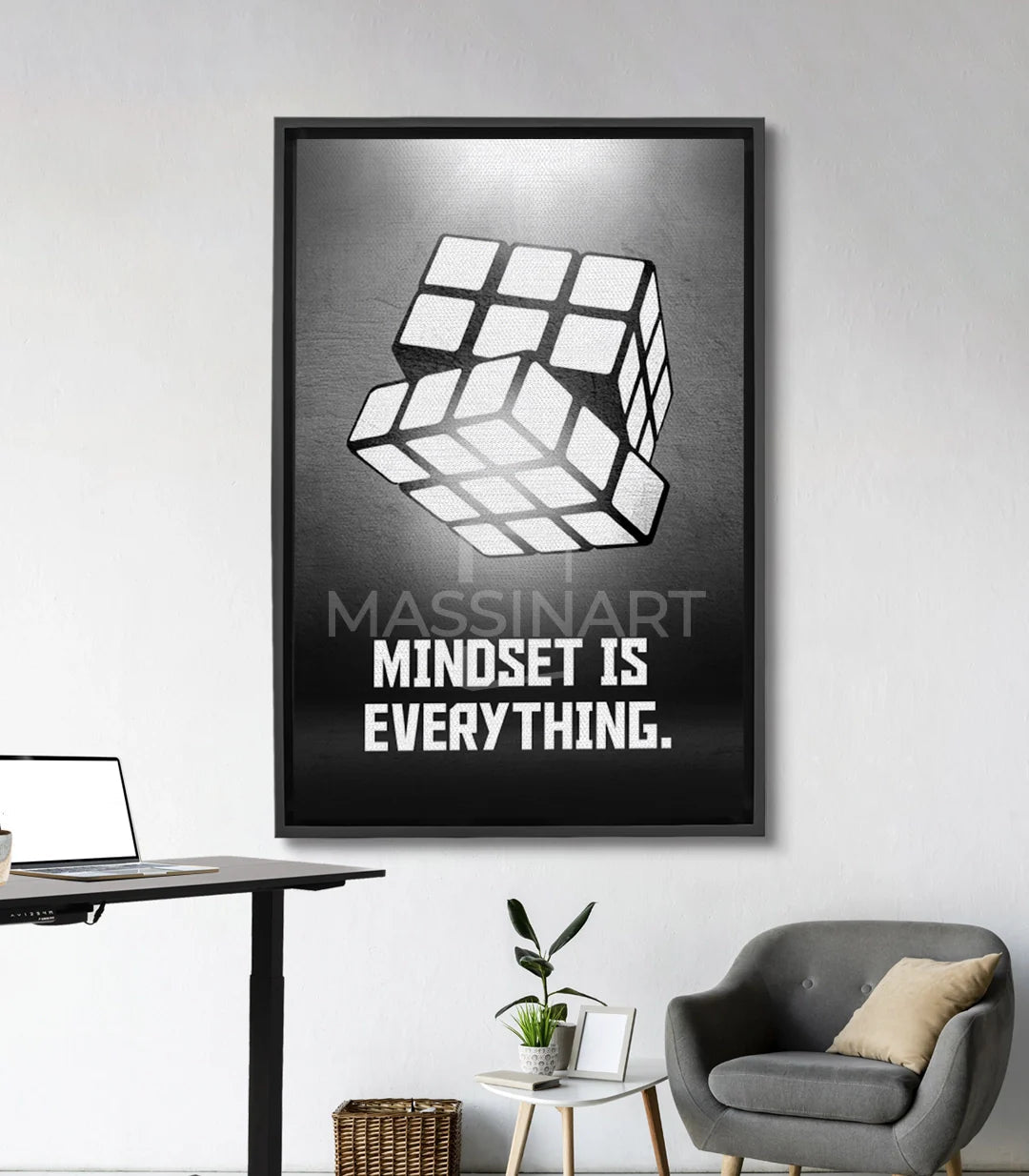 Tableau cube Rubik blanc noir citation Mindset is Everything Massinart