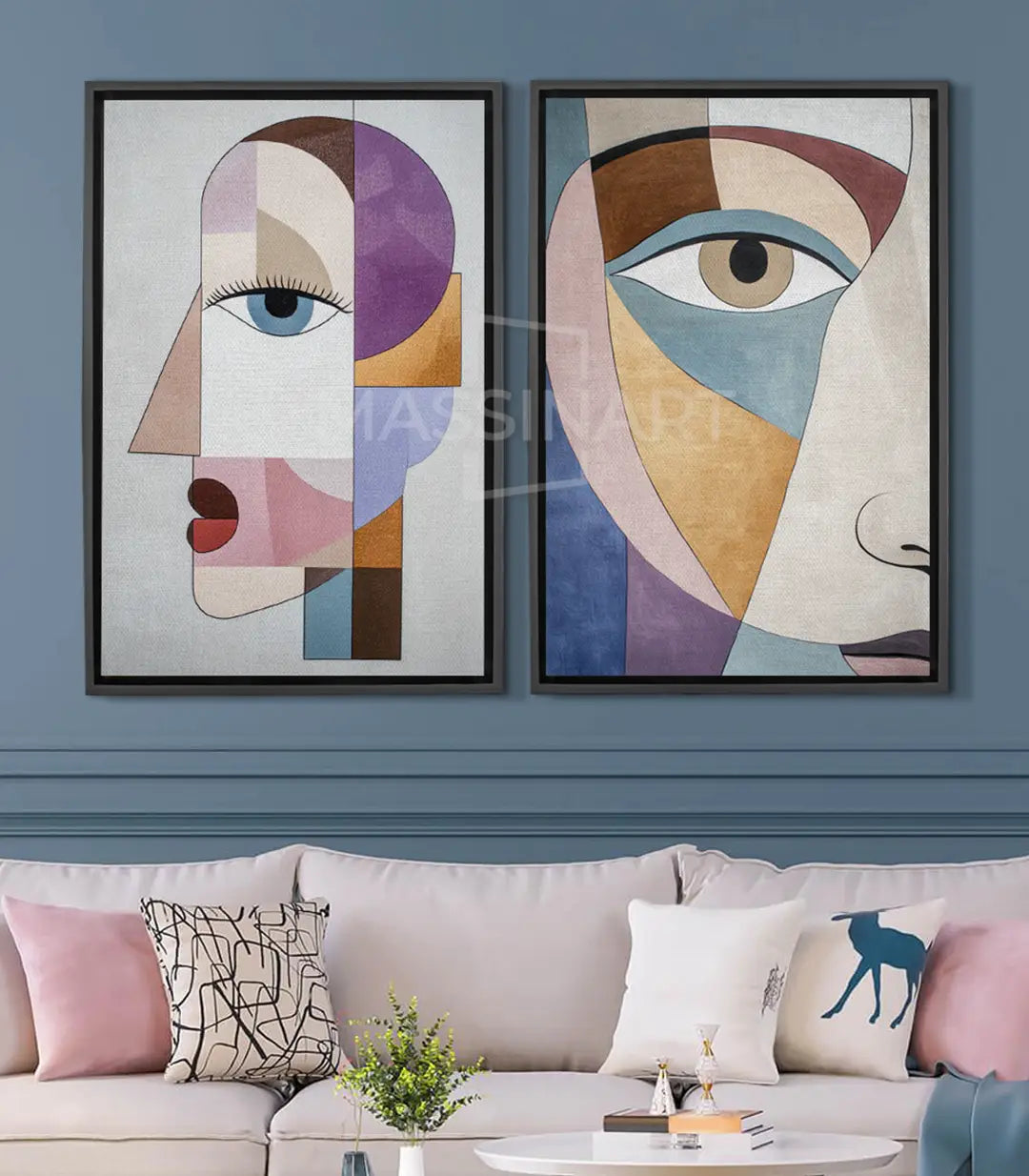 Tableau Cubic Stare diptyque - visages cubistes multicolores avec yeux stylisés Massinart