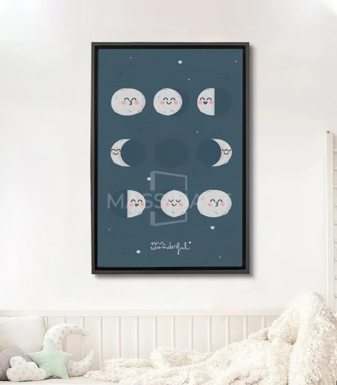 Tableau cycles lunaires Massinart — lunes souriantes fond bleu nuit avec étoiles