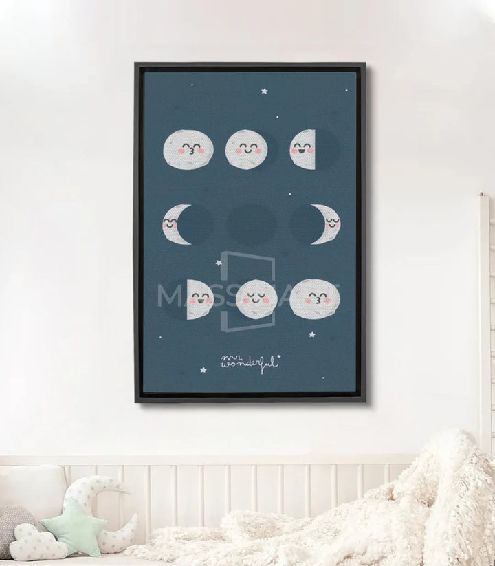 Tableau cycles lunaires Massinart — lunes souriantes fond bleu nuit avec étoiles