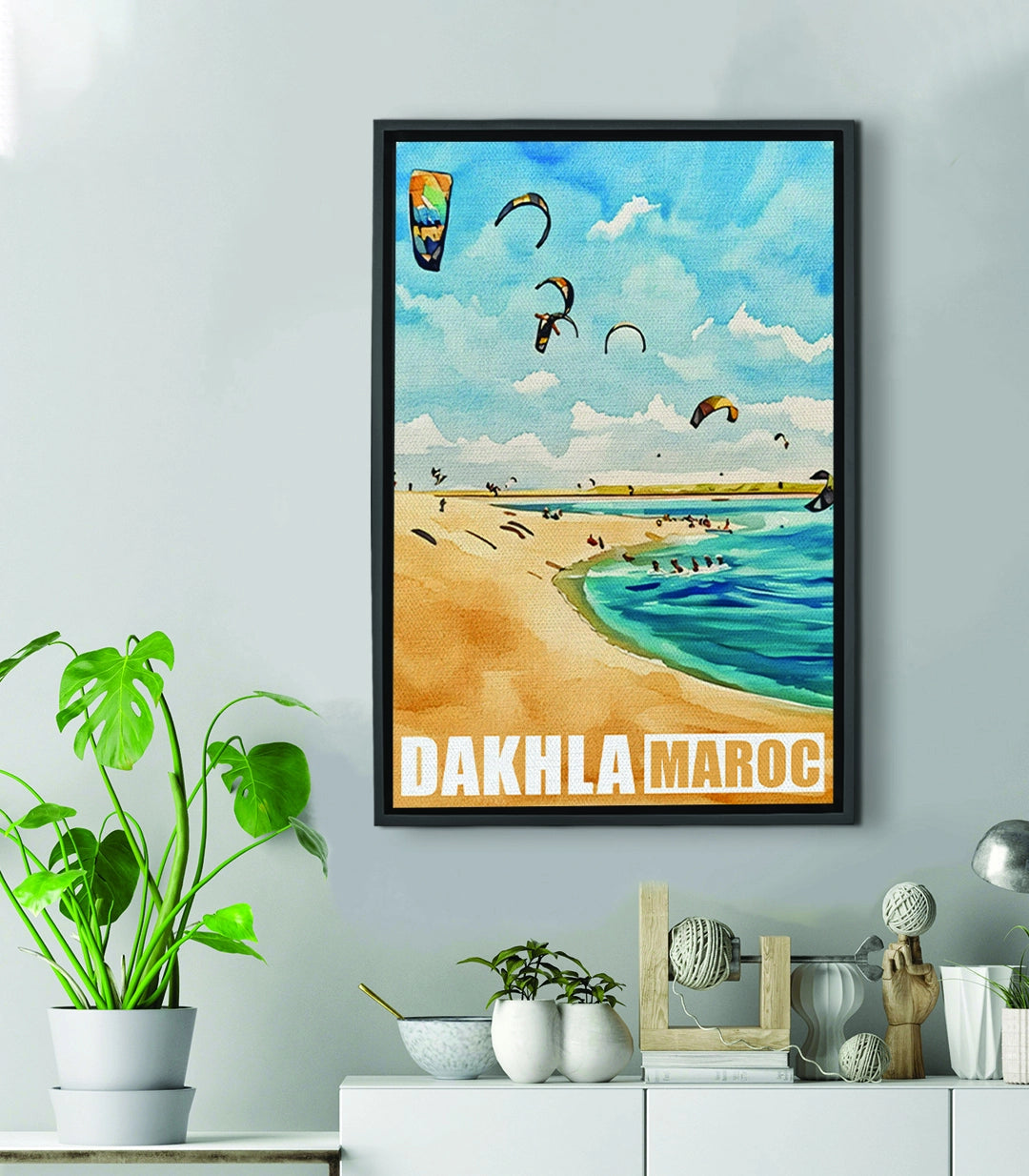 Tableau Dakhla Maroc — affiche vintage plage kite-surf, ciel bleu et sable doré Massinart