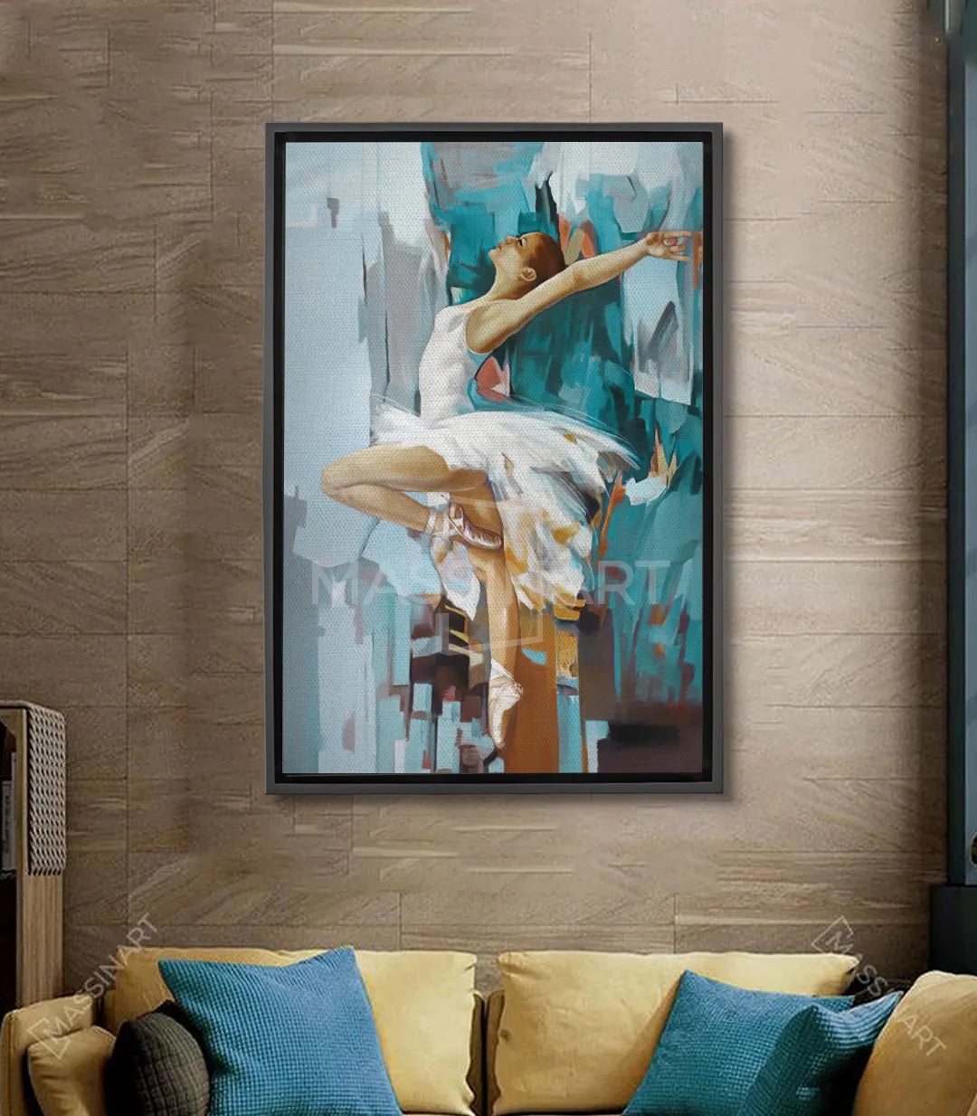Tableau danseuse ballerine en tutu blanc, pose dynamique, fond turquoise abstrait - Massinart