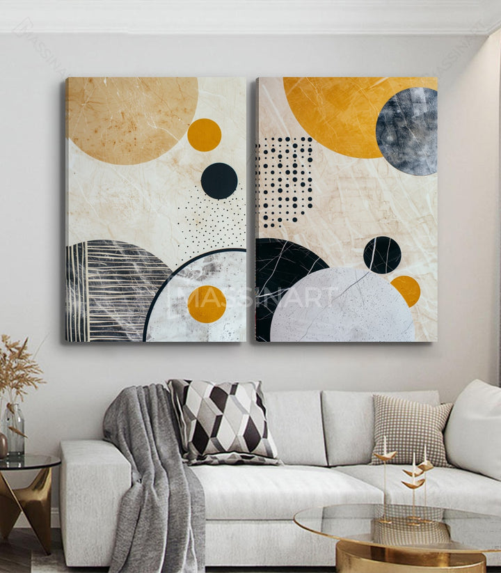 Mise en situation Tableau Sphere diptyque au-dessus canapé gris, salon moderne Massinart