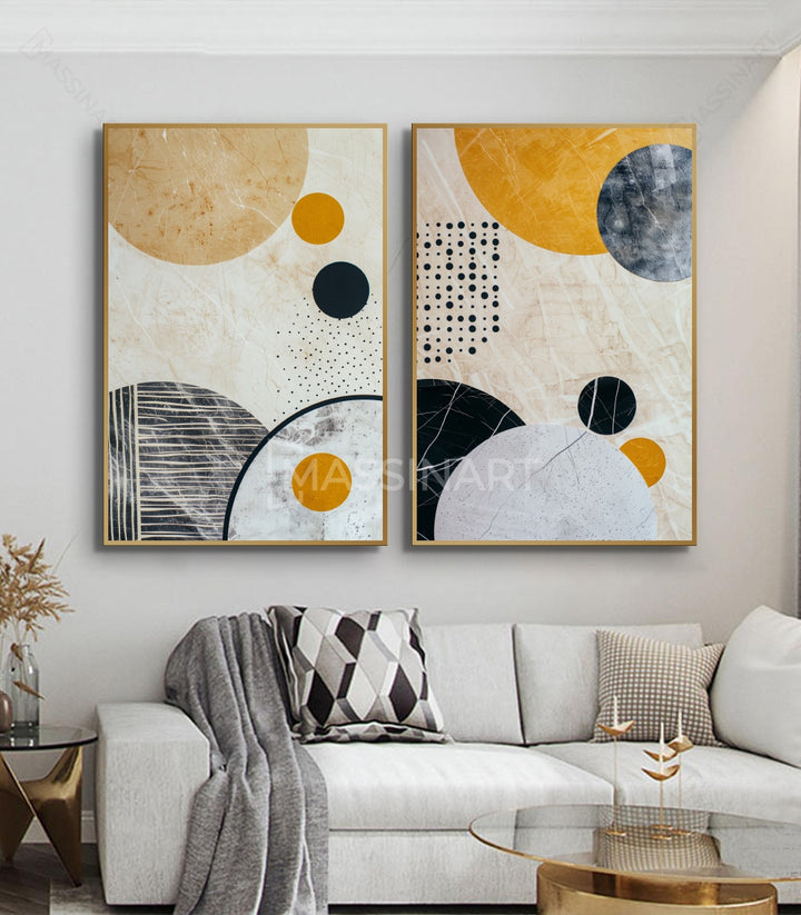 Tableau Sphere panneau droit, composition géométrique cercles et dots, art abstrait Massinart