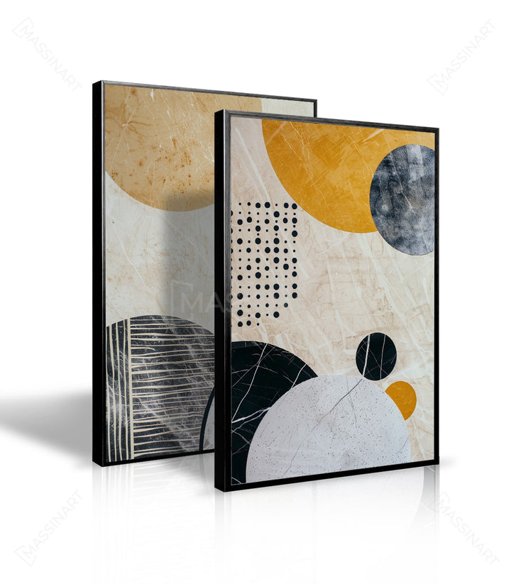 Détail Tableau Sphere droite, cercles dorés et points abstraits, style minimaliste Massinart