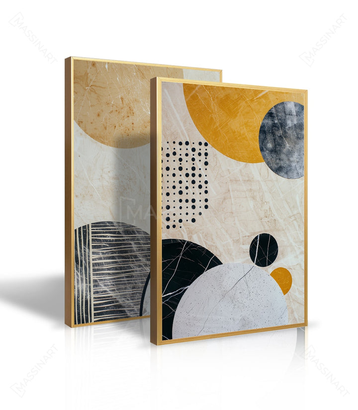 Détail textures Tableau Sphere, palette beige noir doré, finition premium Massinart