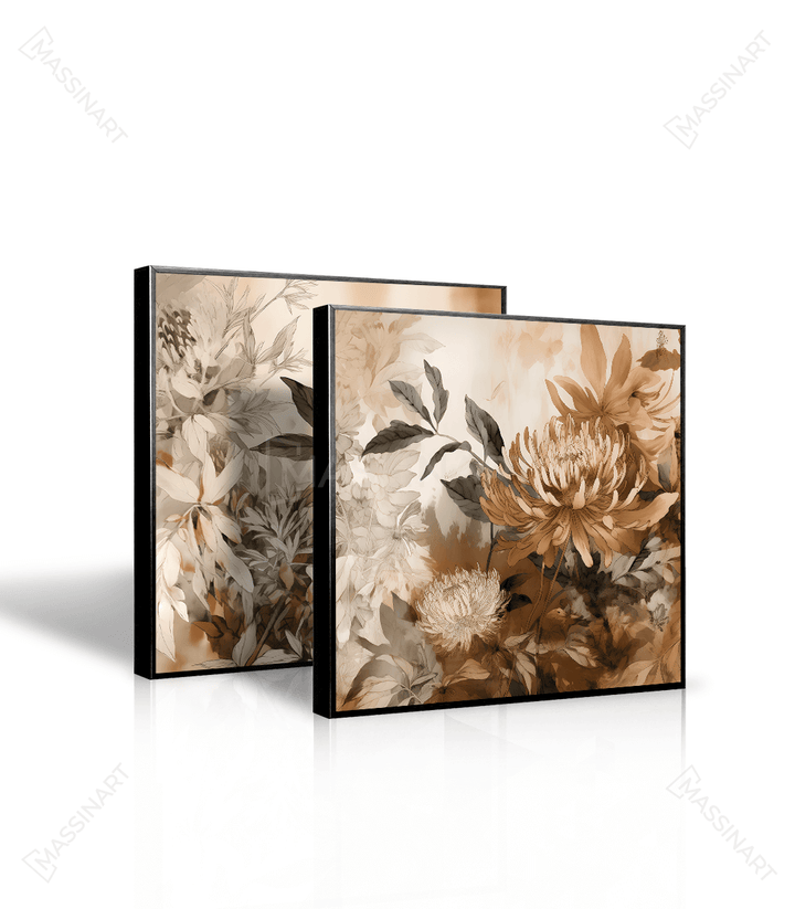 Tableau Flourish dimension — diptyque horizontal fleurs protéa, encadrement bois naturel Massinart
