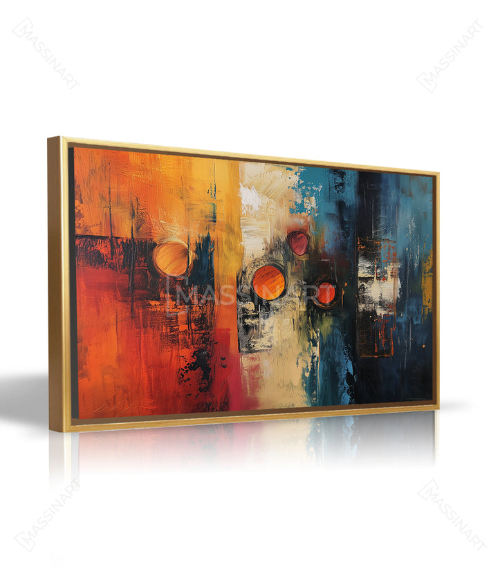 Tableau Gravity Massinart — composition abstraite cercles flottants, tons chauds et bleus, style expressionniste