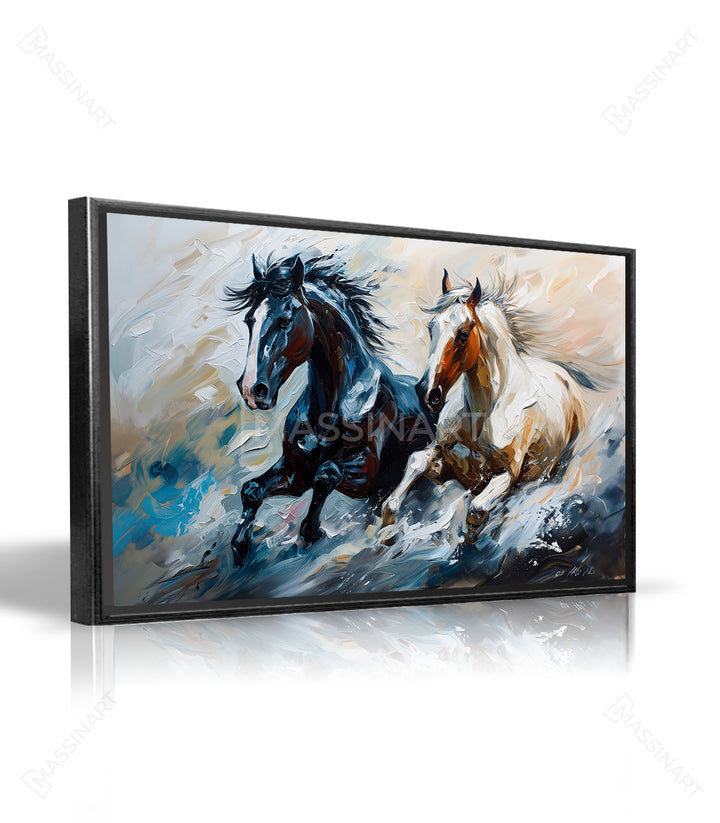 Détail peinture chevaux coups pinceau bleu terracotta Massinart