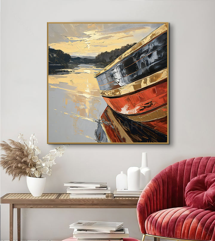 Mise en situation salon moderne tableau bateau voile Massinart