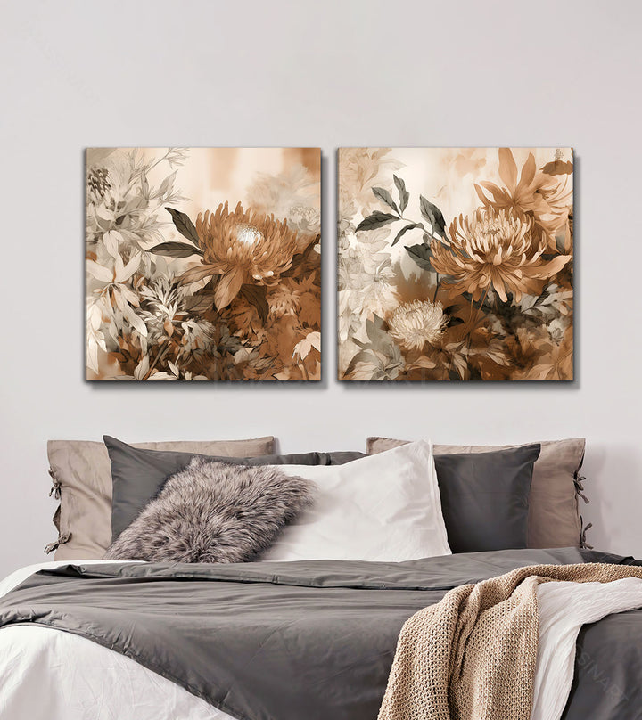 Tableau Flourish détail — fleurs protéa stylisées, palette chaude beige marron taupe Massinart