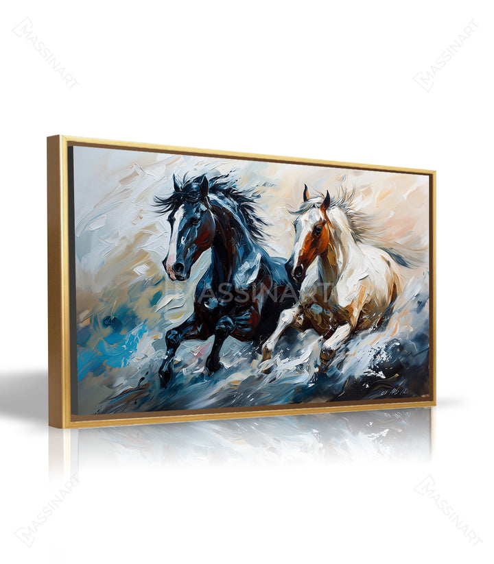 Harmonie décor salon bleu tableau chevaux Massinart