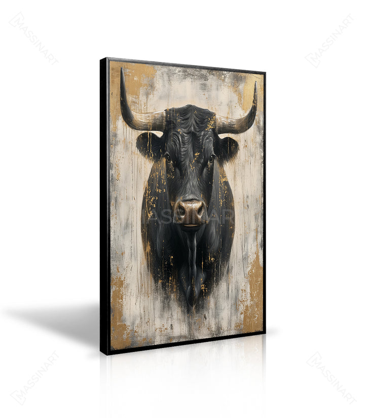 Détail texture tableau taureau noir cornes dorées — Massinart