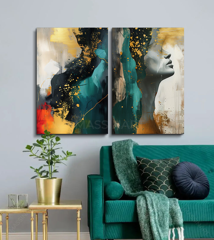 Tableau Ego portrait abstrait diptyque mise en situation salon — Massinart