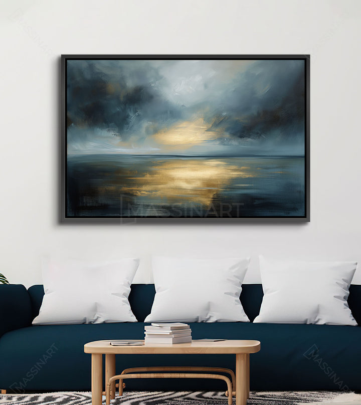 Mise en situation Seaside salon moderne, tableau paysage mer cadre doré, Massinart