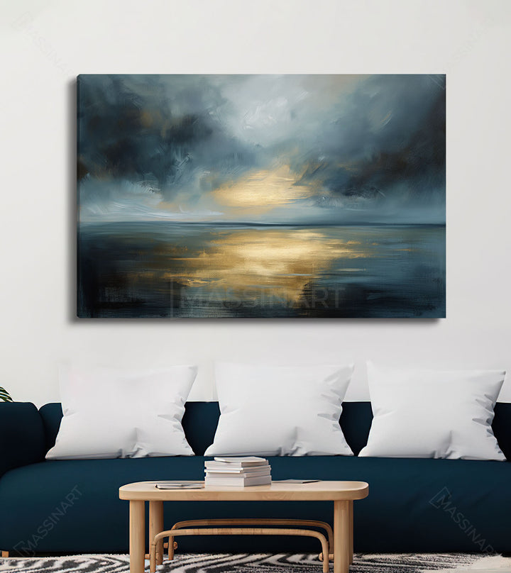 Décoration intérieur Seaside au-dessus canapé bleu, paysage marin horizontal, Massinart