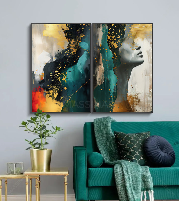 Tableau Ego diptyque décoration salon moderne turquoise et doré — Massinart