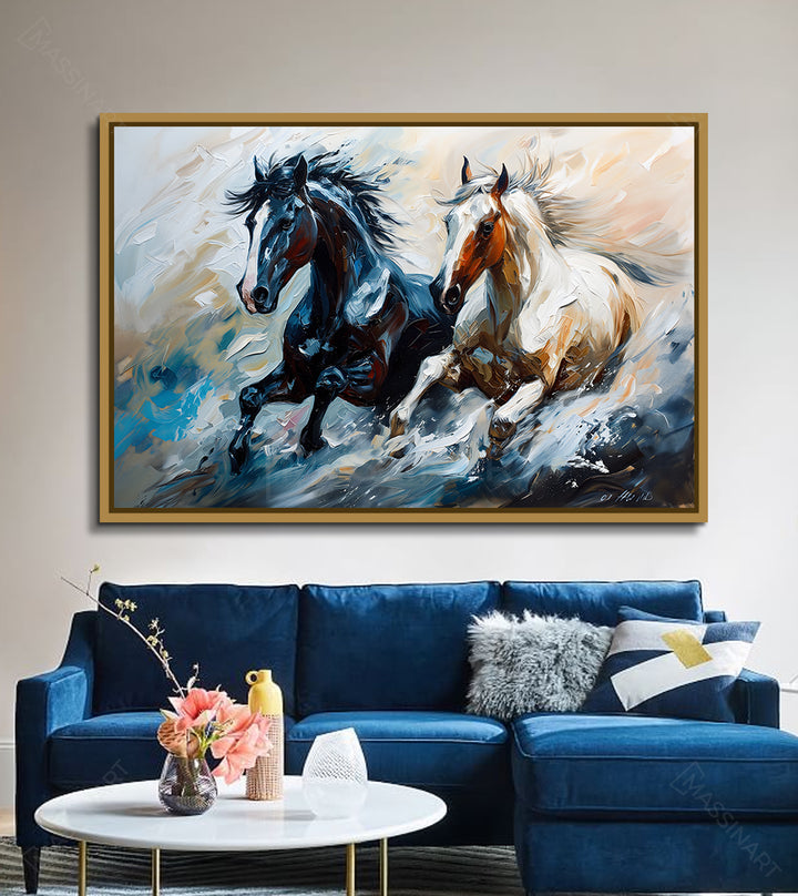 Mise en situation salon moderne tableau chevaux Massinart