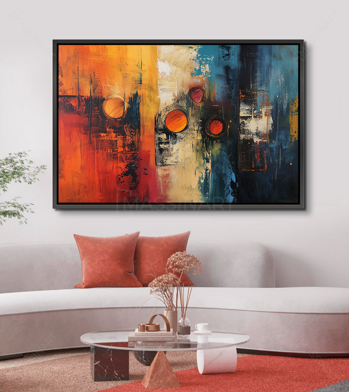 Mise en situation salon moderne — Tableau Gravity suspendu au-dessus d'un canapé gris avec coussins terracotta Massinart