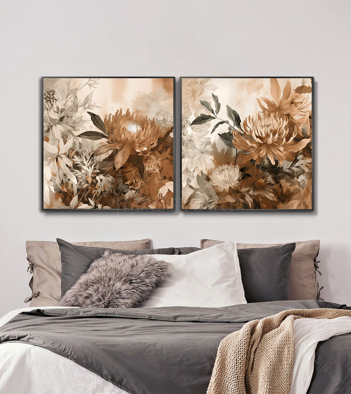 Mise en situation Flourish diptyque — décoration chambre à coucher moderne, art mural floral beige Massinart
