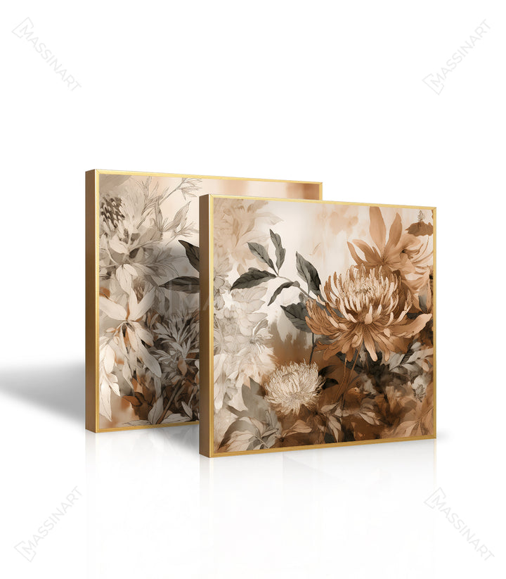 Mise en situation Flourish — tableau floral diptyque au-dessus lit, décoration intérieur chambre Massinart