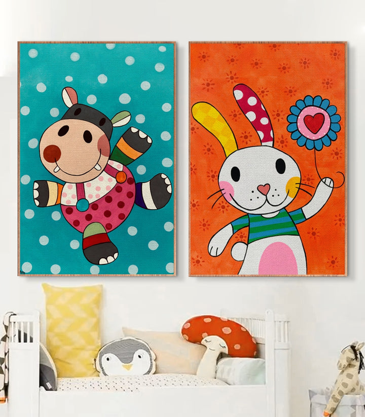 Mise en situation salon enfant tableau Happy diptyque — décoration murale chambre fille Massinart
