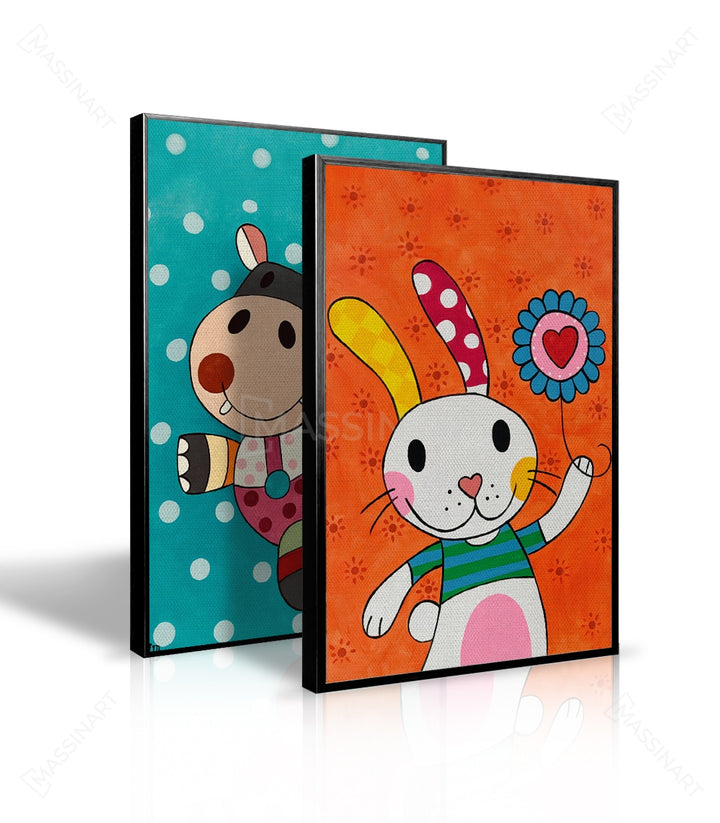 Détail tableau Happy lapin souriant — lapin blanc fleur rose fond orange Massinart