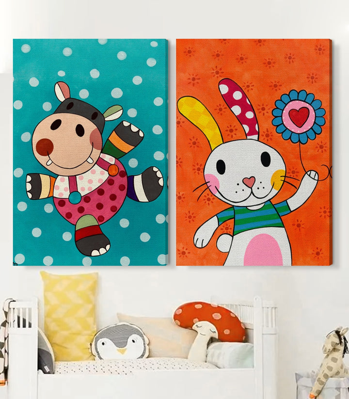 Mise en situation chambre enfant tableau Happy — panneaux colorés turquoise et orange Massinart