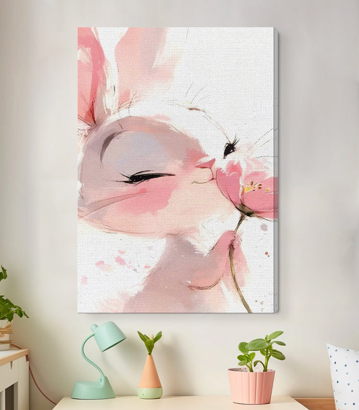 Tableau lapin floral rose poudré décoration murale Massinart